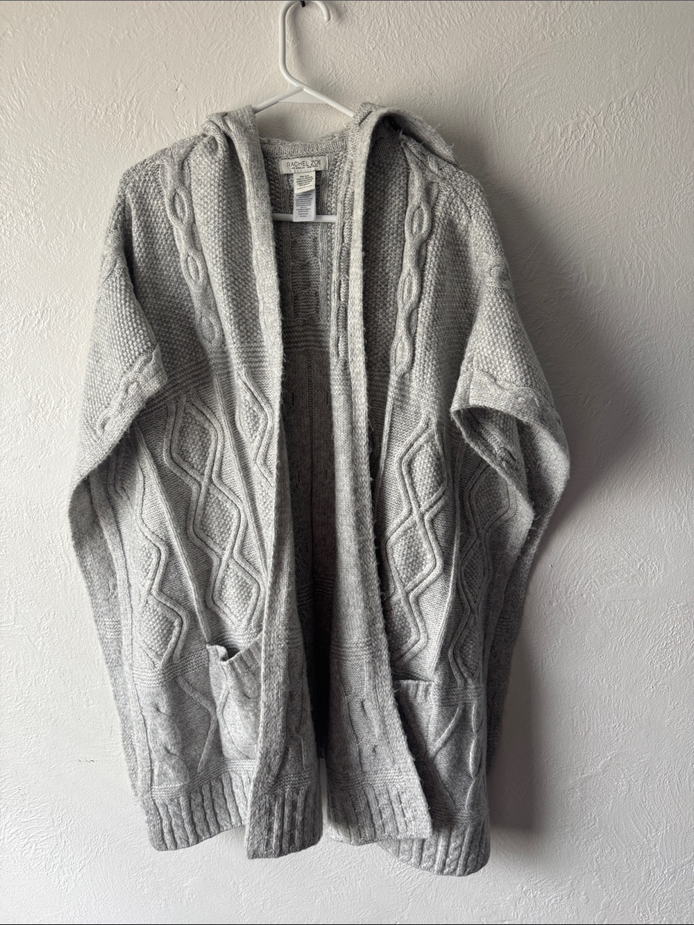 Rachel Zoe Light Gray Cable-Knit Hooded Poncho Cardigan